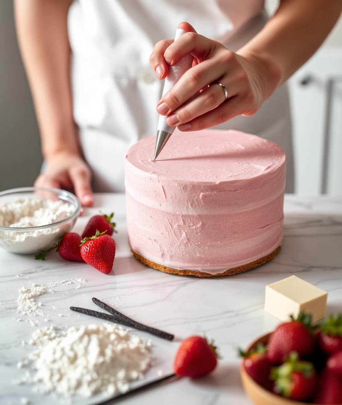 Cofetar decorând manual un tort artizanal cu cremă roz